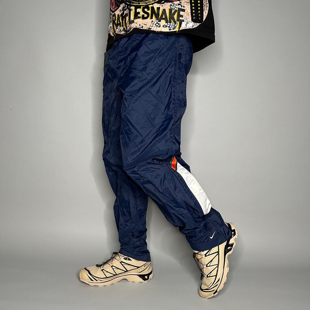 Vintage 90s Nike Track Pants Mens S Navy Blue Sweatpants White Ankle Swoosh